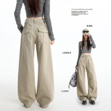 批发卡其色美式工<b class='q'>装</b>牛仔裤<b class='q'>女</b>2026春季宽松显瘦垂感慵懒弯刀阔腿<b class='q'>裤</b>