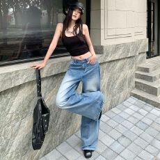 批发【oi】美式线迹设计水洗浅蓝色磨白手擦砂位酵磨宽松阔腿<b class='q'>牛仔裤</b>女