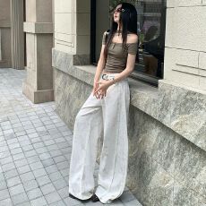 批发复古晕染<b class='q'>白色</b>脏脏<b class='q'>牛仔裤</b>女阔腿休闲裤个性百搭直筒裤调节扣