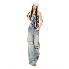 批发｜2026春季新款破洞拉丝水洗色磨白<b class='q'>直筒</b>慵懒<b class='q'>牛仔裤</b>休闲