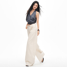 批发2026新品美式高腰宽松阔腿香蕉裤百搭镰刀裤毛边春季牛仔裤女长裤