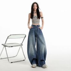 批发水洗复古蓝弯刀直筒牛仔<b class='q'>裤</b>2026春夏新款高个子显瘦宽松阔腿<b class='q'>裤</b>子长