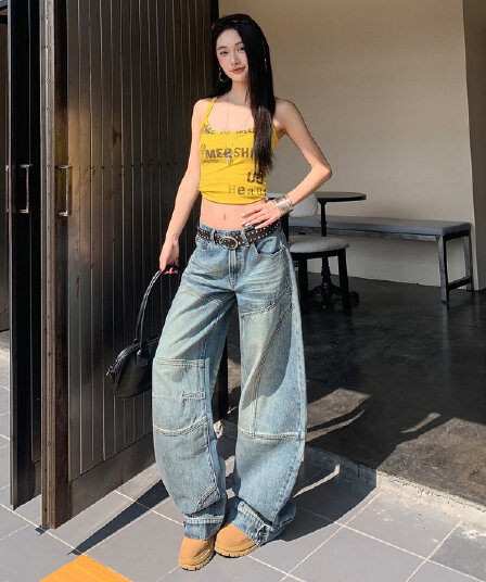 아메리칸 레트로 해체 모통이 칼 디자인 루즈핏 넓은 다리 청바지 여성