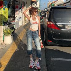 批发美式复古低腰辣妹微喇叭<b class='q'>七分</b>裤修身显瘦春夏百搭牛仔裤女