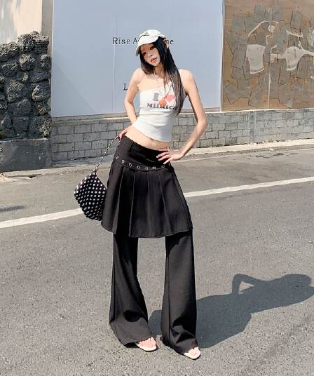 26th ootd 아메리칸 레트로 플리츠 치마바지 페이크 레이어드 디자인 센스 개성 정장 랩스커트팬츠 롱 바지