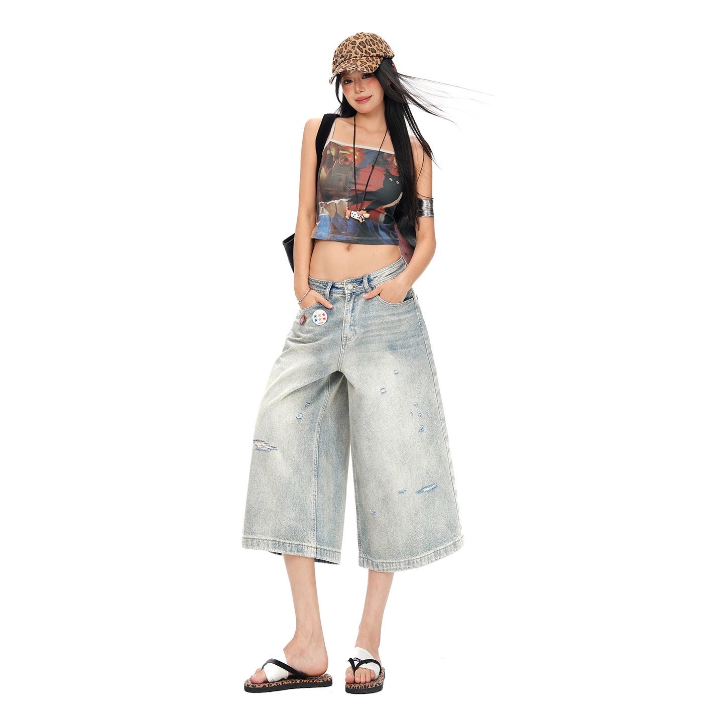 26th ootd 아메리칸 거리 바람 찢어진 부분 레트로 7부 바지 남녀 같은 단락 루즈핏 넓은 다리 청바지