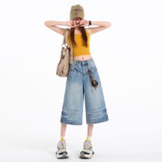 批发复古洗水七分阔腿牛仔<b class='q'>裤</b>女2026春夏新款高腰宽松显瘦百搭中<b class='q'>裤</b>