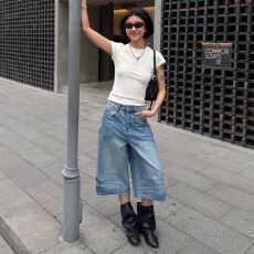 批发复古洗水七分阔腿牛仔<b class='q'>裤</b>女2026春夏新款高腰宽松显瘦百搭中<b class='q'>裤</b>