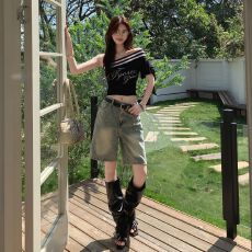 批发怀旧浅蓝春夏季高腰牛仔短<b class='q'>裤</b>女五分<b class='q'>裤</b>宽松显瘦阔<b class='q'>腿</b>潮