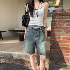 批发复古蓝夏季高腰牛仔短<b class='q'>裤</b>女五分<b class='q'>裤</b>宽松显瘦阔<b class='q'>腿</b>潮