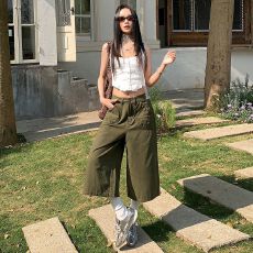 批发美式水洗做旧工装七分<b class='q'>裤</b><b class='q'>军</b>绿夏季辣妹显瘦阔腿复古短<b class='q'>裤</b>