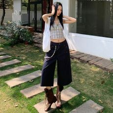 批发【FS】美式高街复古钉扣设计七分<b class='q'>裤</b>宽松阔腿褶皱工装藏青短<b class='q'>裤</b>