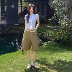 批发新款深卡其水洗做旧多口袋户外五分裤休闲工装短裤男女