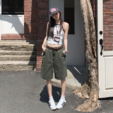 批发新款军绿色水洗做旧多口袋户外五分裤休闲工装短裤男女