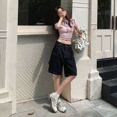 批发撞色<b class='q'>牛仔</b><b class='q'>短裤</b><b class='q'>女</b>夏季薄款宽松直筒五分裤高腰显瘦复古裤子