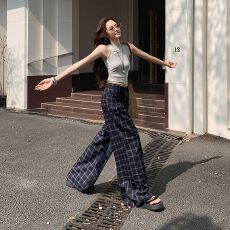 批发复古蓝色格子排扣春夏季<b class='q'>休闲裤</b>男女美式慵懒垂感长裤阔腿宽松直筒