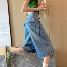 批发复古<b class='q'>高腰</b>六分弯刀<b class='q'>牛仔</b><b class='q'>短裤</b>女夏季小个子宽松百搭休闲阔腿中裤