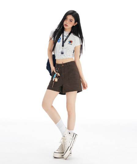 새로운 브라운 커피 색상 아메리칸 레트로 하이웨이스트 넓은 다리 워크웨어 반바지 여성 슬림해 보이는 달콤한 차가운 핫걸 핫 바지