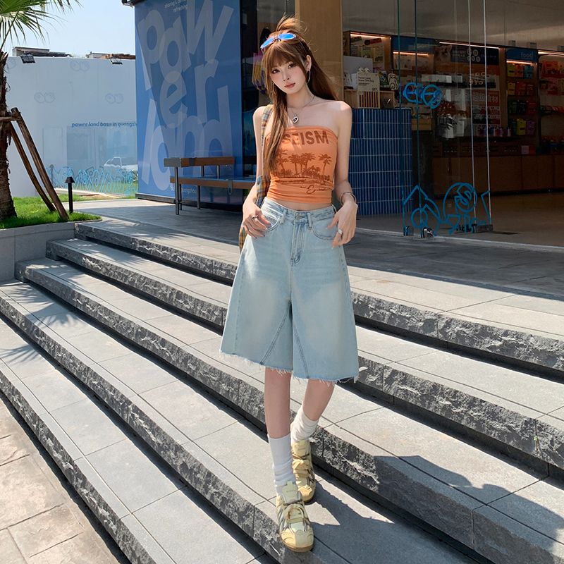 싱글 에 따르면 순수한 같은 단락 아메리칸 데님 7부 바지 여성 여름 워싱 마 오래된 캐주얼 바지 밝은색 1