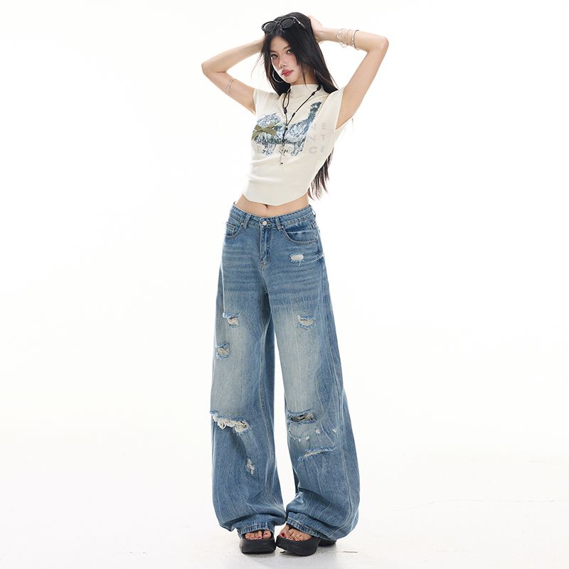 br 아메리칸 찢어진 부분 청바지 남녀 레트로 파괴 루즈핏 워싱 스트레이트 와이드 레그 팬츠 바닥 청소 긴 바지