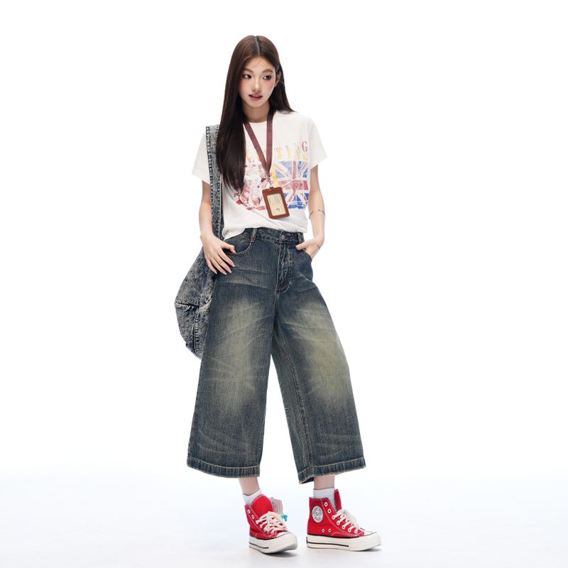 새로운 레트로 블루 워싱 스트레이트 8 점 청바지 여성 루즈핏 슬림해 보이는 디자인 센스 캐주얼 바지 여성