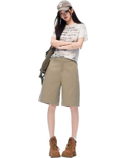 새로운 카키 녹색 오래된 돈 바람 주간 실크 넓은 다리 워크웨어 캐주얼 바지 품격 스트레이트 반바지 여성