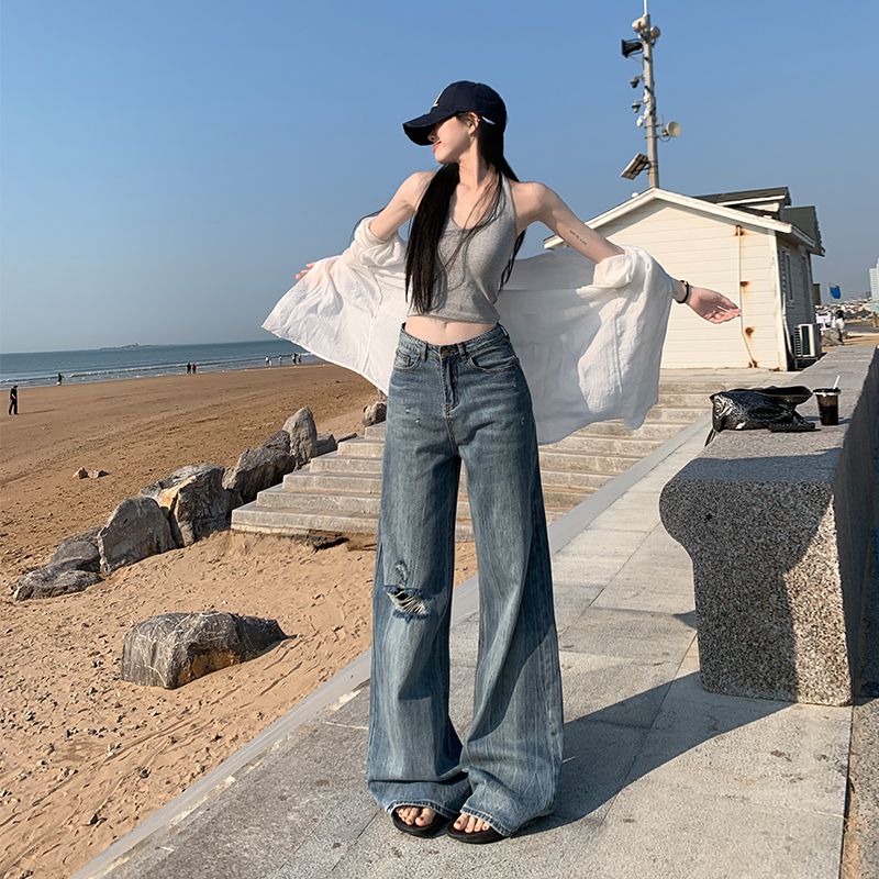 해변가 flowfit 느슨함 하나 여름 느긋한 찢어진 부분 슬림해 보이는 캐주얼 자외선 차단 청바지