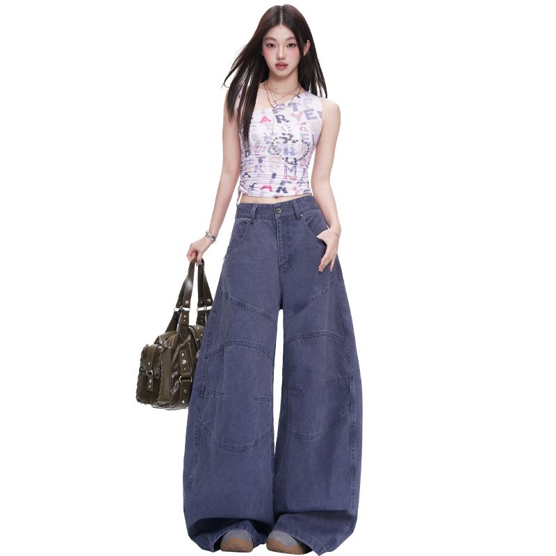 법 일 블루 프로필 모양 해체 3 차원 루즈핏 캐주얼 모통이 칼 바지 마 오래된 워싱 면 워크웨어 팬츠 여성