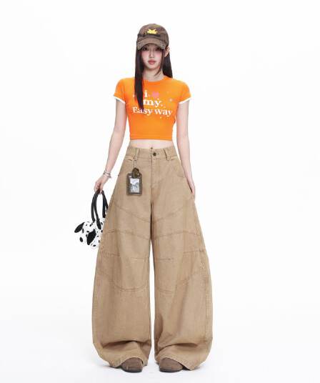 섹션 카키 색 프로필 모양 해체 3 차원 루즈핏 캐주얼 모통이 칼 바지 마 오래된 워싱 면 워크웨어 팬츠 여성