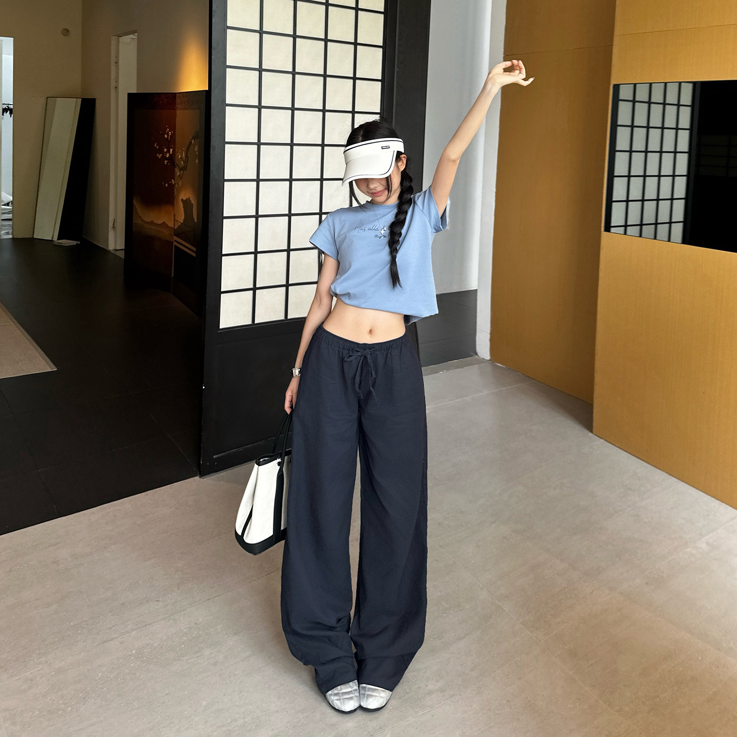 레트로 로우 웨이스트 펌프 로프 허리밴드 느긋한 루즈핏 와이드 레그 팬츠 다용도 슬림해 보이는 아마 스트레이트 캐주얼 바지 여성
