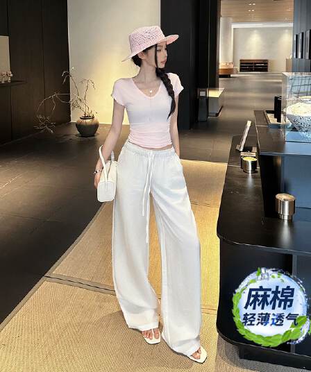 레트로 마 면 루즈핏 와이드 레그 팬츠 허리밴드 펌프 로프 얇은 스타일 여름 도루 센스 시원한 스트레이트 캐주얼 바지 여성