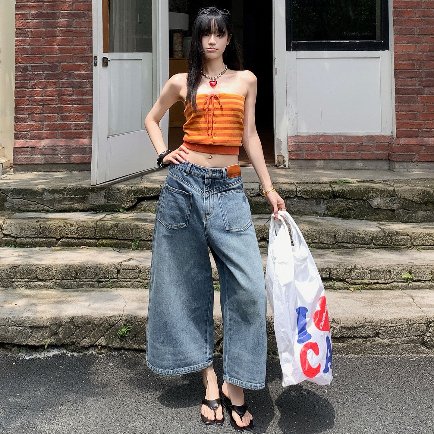 아메리칸 레트로 이전 막대기 가방 구조 설계 7 점 루즈핏 스트레이트 청바지 여성