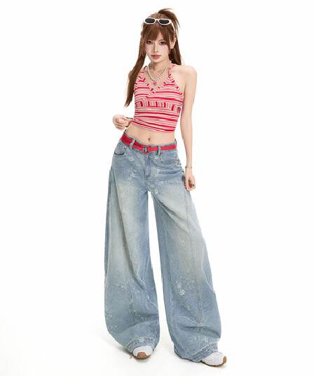 디자인 센스 레트로 자카드 모통이 칼 넓은 다리 청바지 여성 2026 여름 새로운 하이웨이스트 슬림해 보이는 다용도 스트레이트 팬츠