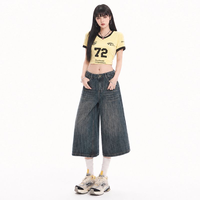 레트로 워싱 곡물 7 점 청바지 여성 봄 여름 루즈핏 다용도 캐주얼 워싱 넓은 다리 7부 바지