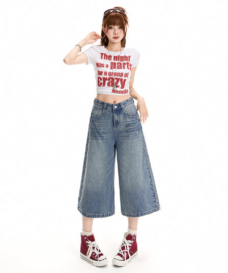 아메리칸 레트로 워싱 균열 7 점 스트레이트 여름 청바지 여성 새로운 작은 키 루즈핏 바지