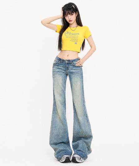 아메리칸 레트로 신축성 부츠컷 바지 로우 웨이스트 부츠컷 몸매 가꾸기 슬림해 보이는 핫걸 아니요 막대기 다리 데님 나팔 바지