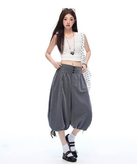 도루 센스 주름 루즈핏 넓은 다리 꽃밭 바지 펌프 로프 조거 바지 여름 새로운 7부 바지