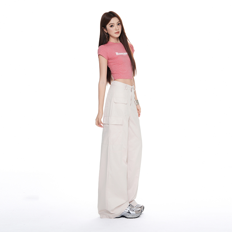 아메리칸 레트로 우유 살구 색상 디자인 기타 주머니 워크웨어 팬츠 남녀 루즈핏 높음 거리 스트레이트 캐주얼 바지