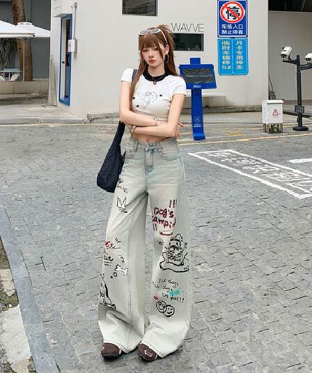 만화 낙서 강아지 프린트 청바지 여성 2026 년 봄 여름 새로운 루즈핏 넓은 다리 바닥 청소 바지
