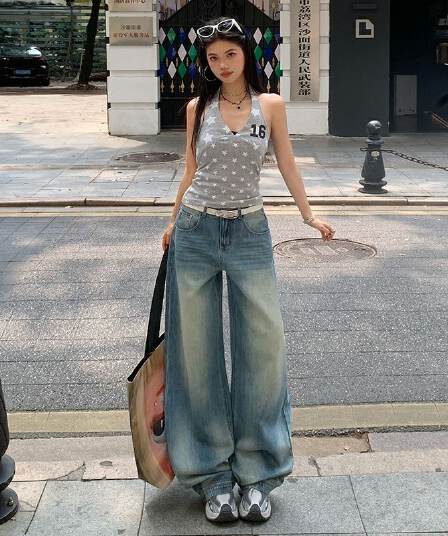 블루스 켄팅 도루 피하다. 부드러운 데님 고차 워싱 연삭 흰 머리카락 반드시 넓은 다리 청바지