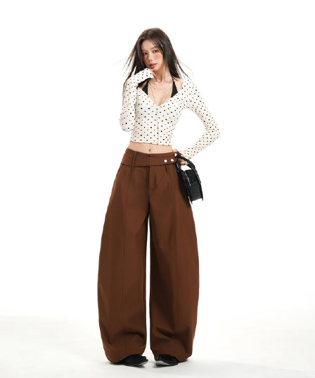 가을 그리고 새로운 오래된 돈 바람 느긋한 센스 하이웨이스트 루즈핏 모통이 칼 캐주얼 바지 여성