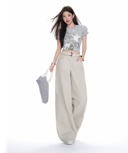 베이지 색 워크웨어 팬츠 순수한 면 바지 여성 스트레이트 루즈핏 해체 디자인 캐주얼 와이드 레그 팬츠