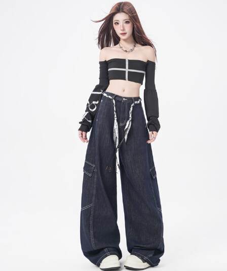 2026 가을 의상 새로운 모통이 칼 바지 워크웨어 와이드 레그 팬츠 여성 의류 단 닝 떨어지지 않음 색상 청바지 여성