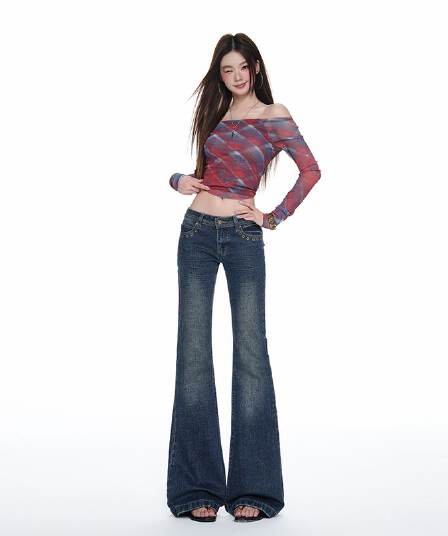 26 조기 가을 새로운 레트로 워싱 마 오래된 중 로우 웨이스트 마이크로 루즈핏 신축성 나팔 바닥 청소 청바지 여성