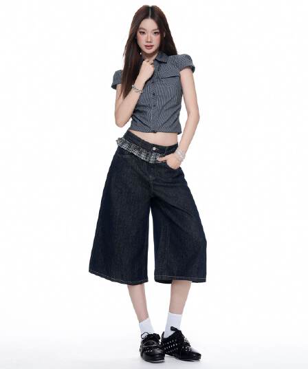 아메리칸 레트로 체크무늬 레이스 패치워크 국방 퇴색하다 루즈핏 넓은 다리 7 점 청바지 여성