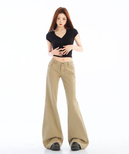카키 색 부츠컷 아니요 막대기 다리 청바지 여성 아메리칸 레트로 로우 웨이스트 좁은 에디션 슬림해 보이는 긴 바지