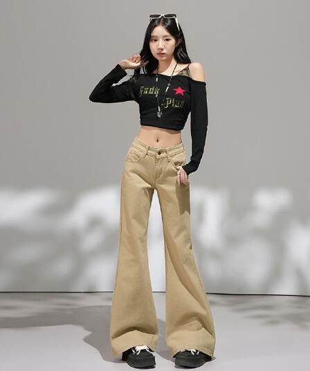 카키 색 아니요 막대기 다리 부츠컷 청바지 여성 2026 가을 새로운 핫걸 로우 웨이스트 슬림해 보이는 나팔 바지 작은 키