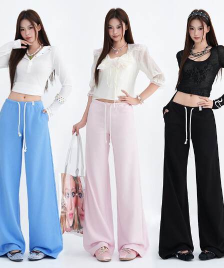 삼색 펌프 로프 넓은 다리 웨이 바지 여성 2026 가을 새로운 로우 웨이스트 루즈핏 도루 센스 다용도 슬림해 보이는 바닥 청소 긴 바지