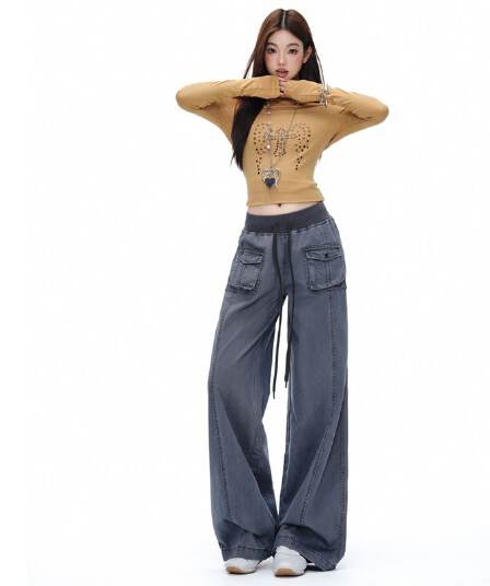 회색 파란색 해체 패치워크 중 로우 웨이스트 워크웨어 팬츠 리브 허리 머리 주머니 루즈핏 캐주얼 바지 여성