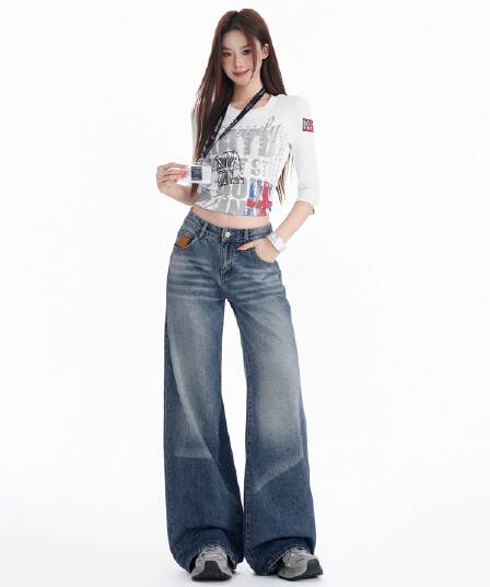 아메리칸 레트로 마 오래된 워시 물 루즈핏 스트레이트 넓은 다리 청바지 여성